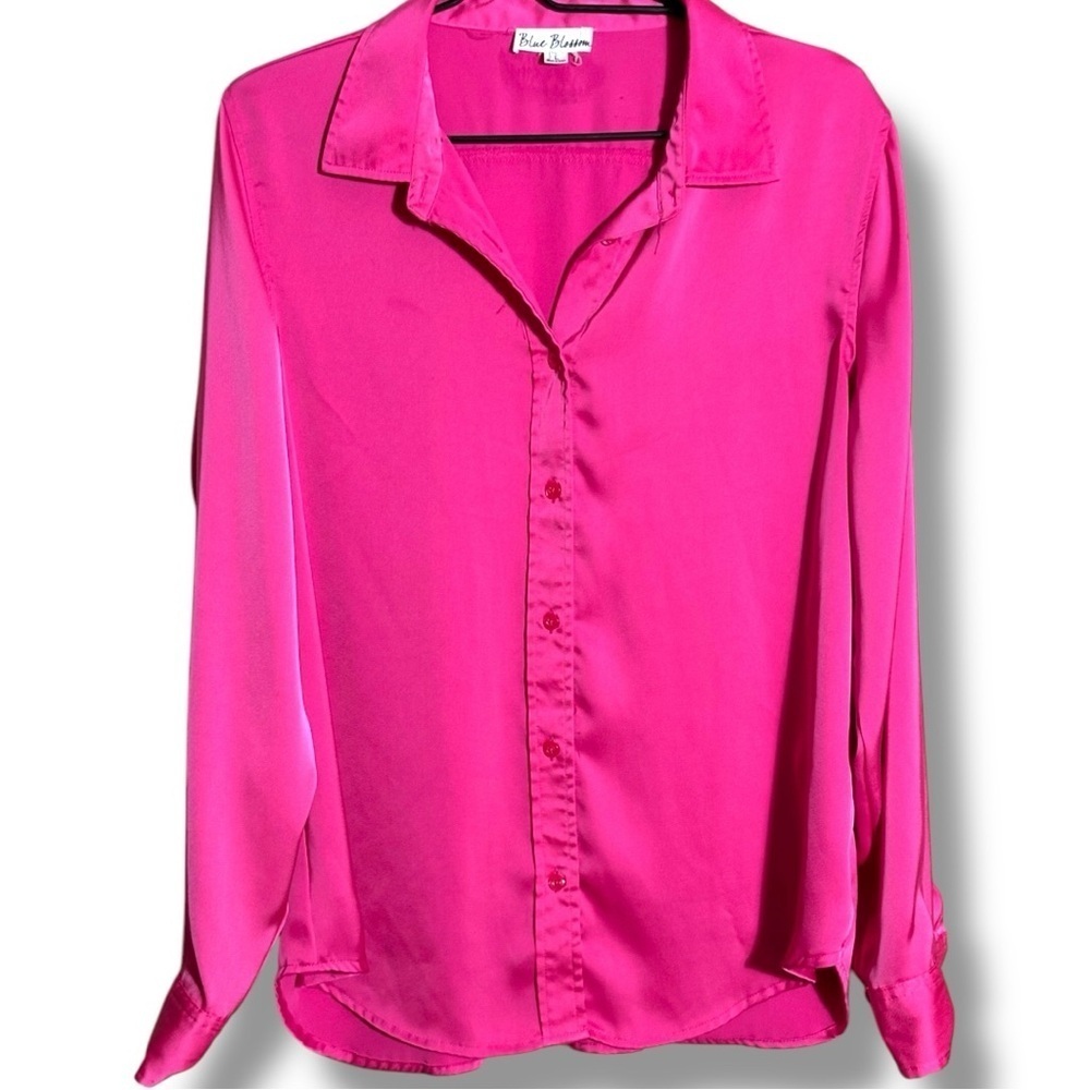Blue Blossom Bright Pink Relaxed Button Down Shirt Long Cuffed Sleeve and Collar - Picture 12 of 14